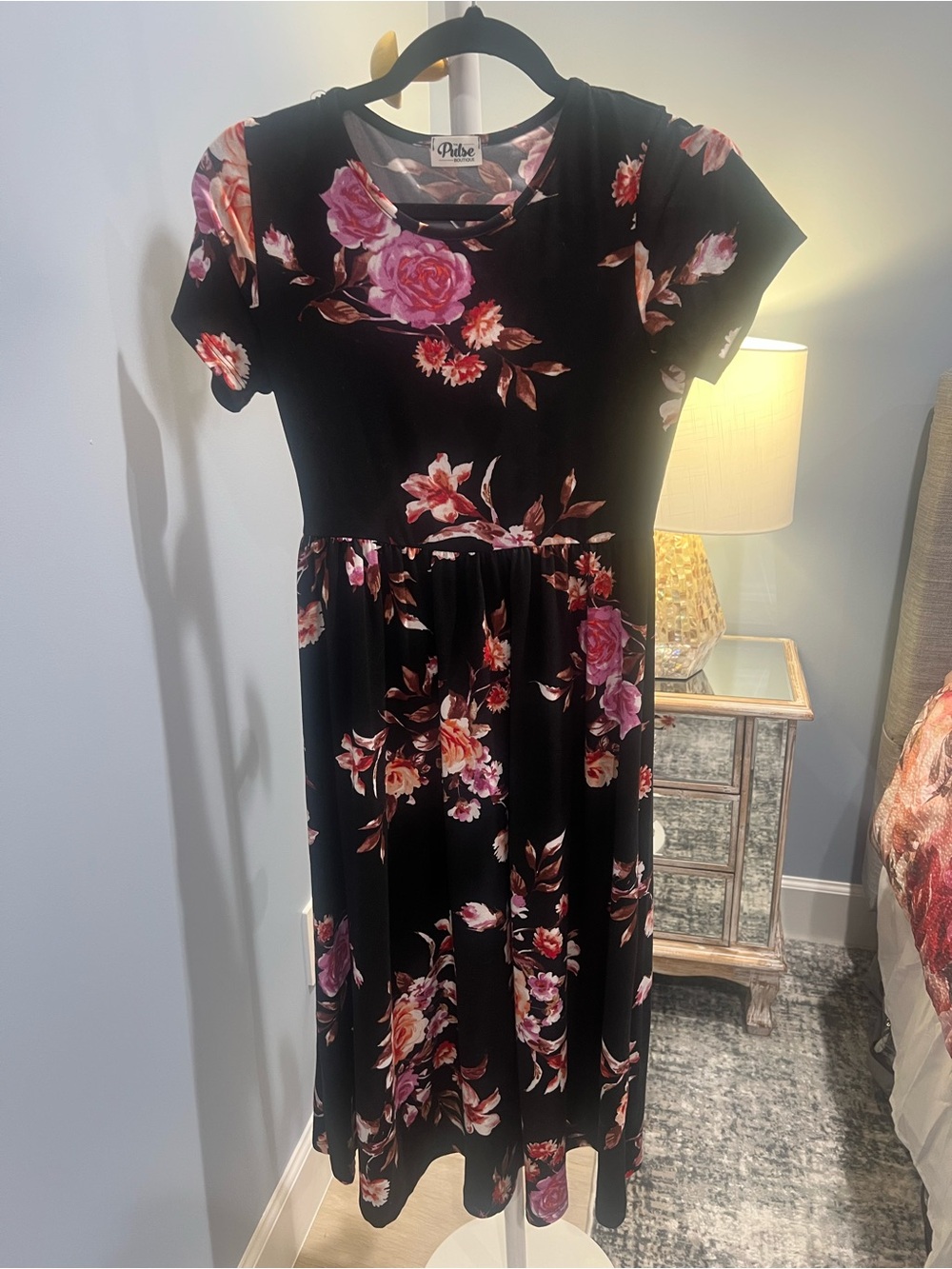 Black Floral Midi Dress with Pink Rose Print